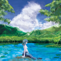 Rule 34 | 1girl, blue hair, blue sky, branch, breasts, cloud, completely nude, day, drill hair, expressionless, fins, forest, head fins, highres, kanrobi, looking down, mermaid, misty lake, monster girl, mountain, nature, nude, outdoors, pale skin, partially submerged, profile, rock, scenery, short hair, sitting, sitting on rock, sky, small breasts, solo, topfreedom, touhou, wakasagihime