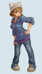 Rule 34 | 1girl, absurdres, alternate costume, beanie, blonde hair, breasts, casual, chanta (ayatakaoisii), contemporary, denim, full body, hand on own hip, hat, highres, hood, hoodie, jeans, large breasts, looking at viewer, pants, shoes, simple background, sneakers, solo, touhou, yakumo ran, yellow eyes, zipper