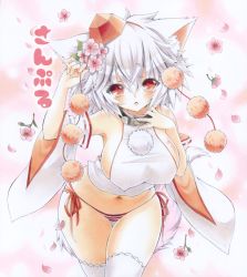 Rule 34 | 1girl, :o, animal ears, ayuayu (chisuke ayu), bad id, bad pixiv id, bare shoulders, blush, breasts, cherry blossoms, collar, covered erect nipples, detached sleeves, female focus, hat, inubashiri momiji, large breasts, looking at viewer, navel, panties, petals, sample watermark, short hair, side-tie panties, solo, striped clothes, striped panties, tail, thighhighs, tokin hat, touhou, traditional media, underwear, watermark, white hair, white thighhighs, wolf ears, wolf tail
