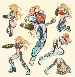 Rule 34 | 1girl, arm cannon, ass, blonde hair, blue eyes, blush, flexible, full body, gun, hands on ground, highres, jack-o&#039; challenge, long hair, looking at viewer, meme, metroid, metroid dread, mole, mole under mouth, nintendo, oxcoxa, ponytail, power suit, samus aran, simple background, skin tight, solo, spread legs, top-down bottom-up, twitter, weapon, wide spread legs