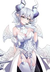 Rule 34 | 1girl, bare shoulders, breasts, cleavage, cowboy shot, demon girl, demon wings, detached collar, dress, duel monster, earrings, garter straps, gloves, grey eyes, hair between eyes, highres, holding, holding weapon, horns, jewelry, leotard, light smile, lovely labrynth of the silver castle, low wings, pointy ears, showgirl skirt, slit pupils, solo, strapless, strapless leotard, sung08ko, thighhighs, twintails, weapon, white background, white gloves, white hair, white horns, white wings, wings, yu-gi-oh!