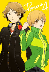Rule 34 | 1boy, 1girl, atlus, bad id, bad pixiv id, breasts, brown eyes, brown hair, buttons, clenched hand, copyright name, couple, hanamura yousuke, hand in pocket, headphones, headphones around neck, hetero, hip focus, houndstooth, jacket, lips, looking at viewer, open mouth, pants, persona, persona 4, play r, satonaka chie, school uniform, short hair, skirt, small breasts, smile, smiley face, standing, track jacket