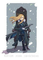 Rule 34 | 1girl, absurdres, asymmetrical hair, black coat, black footwear, blonde hair, bloodborne, blue eyes, blue jacket, blue pants, boots, border, breasts, character name, coat, crossed legs, derivative work, full body, fullmetal alchemist, fur collar, gloves, grey background, hair over one eye, high collar, highres, holding, holding sword, holding weapon, jacket, knee boots, long coat, long hair, long jacket, looking at viewer, mature female, military, military uniform, minisky01, olivier mira armstrong, one eye covered, pants, pouty lips, shoulder strap, sitting, snowing, solo, sword, throne, uniform, weapon, white border, white gloves