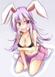 Rule 34 | 1girl, absurdres, animal ears, black bra, blush, bra, breasts, rabbit ears, cleavage, covering privates, covering breasts, highres, kuzumomo, miniskirt, open mouth, purple hair, red eyes, reisen udongein inaba, sitting, skirt, solo, tears, touhou, underwear, wariza