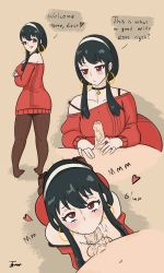 Rule 34 | ass, black hair, bra strap, breasts, clothed sex, earrings, feet, fellatio, foreskin, hairband, highres, jewelry, kneeling, nipples through clothes, oral, red eyes, smile, spitting, spy x family, sweater, thighhighs, tigrrr, twilight (spy x family), yor briar
