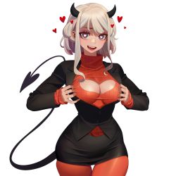 Rule 34 | 1girl, black horns, black jacket, black skirt, blush, breasts, cleavage, cleavage cutout, clothing cutout, demon girl, demon horns, demon tail, heart, heart-shaped pupils, heart cutout, helltaker, highres, hongcasso, horns, jacket, large breasts, long sleeves, looking at viewer, modeus (helltaker), pantyhose, pencil skirt, red eyes, red pantyhose, red sweater, ribbed sweater, short hair with long locks, simple background, skirt, solo, sweater, symbol-shaped pupils, tail, teeth, turtleneck, upper teeth only, white background, white hair