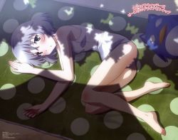 Rule 34 | 1girl, absurdres, barefoot, blush, dappled sunlight, feet, green eyes, highres, legs, looking at viewer, lying, non-web source, official art, on side, one-piece swimsuit, sanya v. litvyak, school swimsuit, shade, short hair, silver hair, solo, strike witches, stuffed animal, stuffed toy, sunlight, swimsuit, tamura masafumi, white school swimsuit, white one-piece swimsuit, world witches series