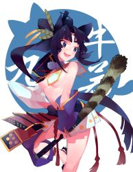 Rule 34 | 1girl, animal ears, armor, asymmetrical sleeves, black hair, black hat, breasts, cowboy shot, detached sleeves, eyebrows, fate/grand order, fate (series), g li, hat, holding, holding weapon, japanese armor, kusazuri, long hair, mismatched sleeves, no bra, open mouth, parted bangs, pom pom (clothes), purple eyes, revealing clothes, sheath, sheathed, sidelocks, simple background, small breasts, solo, tail, teeth, ushiwakamaru (fate), weapon