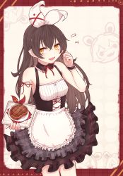 Rule 34 | 1girl, absurdres, alternate costume, amber (genshin impact), apron, bare shoulders, baron bunny (genshin impact), corset, enmaided, food, frilled skirt, frills, genshin impact, hair between eyes, hair ribbon, heart, highres, holding, holding food, holding plate, huge filesize, long hair, looking at viewer, maid, maid apron, open mouth, outrider&#039;s champion steak! (genshin impact), plate, reizouko, ribbon, simple background, skirt, steak, white ribbon, yellow eyes