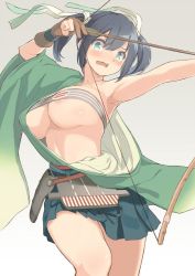 Rule 34 | 10s, 1girl, armpits, bandeau, blue hair, blush, bow (weapon), breasts, cleavage, green eyes, hakama, hakama short skirt, hakama skirt, japanese clothes, kantai collection, large breasts, off shoulder, open mouth, panties, simple background, skirt, solo, souryuu (kancolle), twintails, u jie, underboob, underwear, wardrobe malfunction, weapon, white panties