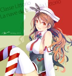 Rule 34 | 10s, 1girl, 2015, arm support, bad id, bad pixiv id, bare shoulders, breasts, brown eyes, brown hair, character name, corset, dated, detached sleeves, female focus, hat, highres, italian flag, italian text, italy, kantai collection, knees together feet apart, large breasts, littorio (kancolle), long hair, looking at viewer, looking to the side, necktie, open mouth, ponytail, shadow, sideboob, sitting, smile, solo, striped clothes, striped thighhighs, tebi (tbd11), thighhighs, wavy hair, white thighhighs