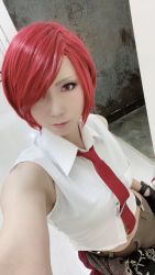 Rule 34 | 3d, cosplay, gloves, pants, photo (medium), red eyes, red hair, shirt, snk, suspenders, the king of fighters, vanessa (cosplay), vanessa (kof), white shirt