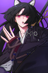 Rule 34 | 1girl, animal ears, arknights, black hair, bracelet, collarbone, dog ears, dog girl, extra ears, facial mark, fingerless gloves, forehead mark, gloves, highres, japanese clothes, jewelry, kimo suna, long hair, looking at viewer, open mouth, purple background, purple shirt, red eyes, red gloves, saga (arknights), shirt, simple background, solo, upper body