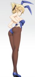 Rule 34 | 10s, 1girl, aegis (takunomi), animal ears, ass, bare arms, bare shoulders, blonde hair, blue footwear, blue leotard, breasts, brown pantyhose, crossed arms, detached collar, elf, fake animal ears, from behind, full body, gradient background, grey background, hand on own hip, highleg, highleg leotard, highres, leotard, looking at viewer, looking back, medium breasts, original, pantyhose, playboy bunny, pointy ears, rabbit ears, rabbit tail, shoes, sideboob, solo, standing, tail, takunomi, white background, wrist cuffs, yellow eyes