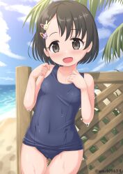 Rule 34 | 1girl, beach, black eyes, black hair, blue one-piece swimsuit, blue sky, breasts, cloud, covered navel, cowboy shot, day, fence, hair ornament, hairclip, highres, horizon, idolmaster, idolmaster cinderella girls, ocean, old school swimsuit, one-piece swimsuit, outdoors, sasaki chie, school swimsuit, short hair, sky, small breasts, solo, swimsuit, twitter username, uosshi, wet, wet clothes, wet swimsuit