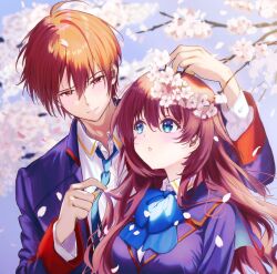 Rule 34 | 1boy, 1girl, a-chan senpai, black jacket, blue bow, blue eyes, blue necktie, blush, bow, breasts, brown hair, cherry blossoms, closed mouth, collared shirt, commentary request, couple, day, eyelashes, falling petals, floating hair, flower wreath, hair between eyes, hands up, head wreath, hetero, jacket, large breasts, little busters!, little busters! school uniform, long hair, long sleeves, looking at another, miiizuno lbs, natsume kyousuke, necktie, outdoors, parted lips, petals, red eyes, school uniform, shirt, short hair, smile, split mouth, spring (season), tareme, tsurime, upper body, white shirt, wind