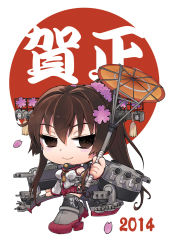 Rule 34 | 10s, 1girl, 2014, abua, breasts, brown eyes, brown hair, chibi, covered navel, dated, high ponytail, kantai collection, long hair, oil-paper umbrella, personification, petals, simple background, skirt, solo, umbrella, white background, yamato (kancolle)
