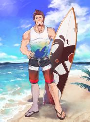 Rule 34 | 1boy, abs, alternate costume, bara, beard, blue eyes, brown hair, cloud, cloudy sky, day, facial hair, fate/grand order, fate (series), full body, hand on own hip, highres, icelernd, large pectorals, long sideburns, looking at viewer, male focus, muscular, napoleon bonaparte (fate), nipple slip, nipples, ocean, pectorals, sandals, scar, shorts, sideburns, sky, smile, solo, surfboard, swimsuit, tank top