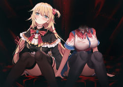 Rule 34 | 2girls, akai haato, akai haato (1st costume), akai haato (gothic lolita), aqua eyes, black background, blonde hair, blood, blood on clothes, blush, bow, bowtie, breasts, cameo, capitan wei, collared shirt, commentary, doppelganger, dual persona, flower, frills, gothic lolita, guro, haaton (akai haato), hair ribbon, headless, heart, highres, hololive, jewelry, large breasts, lolita fashion, long hair, looking at viewer, multiple girls, nail polish, red nails, ribbon, shirt, simple background, sitting, spider lily, stitched neck, stitches, thighhighs, thighs, virtual youtuber