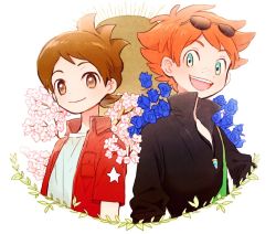 Rule 34 | 10s, 2boys, amano keita, american flag, bad id, bad twitter id, blue eyes, blue flower, blue rose, brown eyes, brown hair, cherry blossoms, eyewear on head, flower, freckles, hezerutain makku, japanese flag, jewelry, male focus, multiple boys, necklace, open clothes, open shirt, poko (ame), popped collar, red hair, rose, shirt, short hair, simple background, smile, sunglasses, white background, youkai watch, youkai watch 3