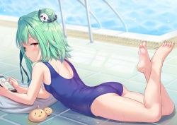 Rule 34 | 1girl, ass, back, bare shoulders, barefoot, bird, blue one-piece swimsuit, blush, breasts, cellphone, chick, commentary request, double bun, green hair, hair bun, hair ornament, hair ribbon, hololive, legs, looking at viewer, looking back, lying, milkshakework, on stomach, one-piece swimsuit, parted lips, phone, piyoko (uruha rushia), poolside, red eyes, ribbon, short hair, shoulder blades, sidelocks, skull hair ornament, solo, swimsuit, the pose, uruha rushia, virtual youtuber
