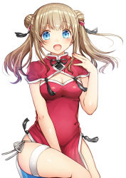 Rule 34 | 1girl, bare arms, between legs, blue eyes, breasts, brown hair, capelet, china dress, chinese clothes, cleavage, double bun, dress, hair bun, hand between legs, highres, kurata rine, looking at viewer, medium breasts, open mouth, original, panties, pelvic curtain, red dress, side-tie panties, simple background, sitting, smile, solo, tassel, thigh strap, two side up, underwear, white background, white panties