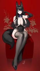 Rule 34 | 1girl, animal ears, arm up, bare shoulders, bell, black-haired fox girl (hayabusa), black footwear, black gloves, black hair, black tail, black thighhighs, blue eyes, blue ribbon, blush, breast curtains, breasts, china dress, chinese clothes, cleavage, closed mouth, commentary, covered navel, crossed ankles, dress, elbow gloves, floral background, fox ears, fox girl, fox tail, full body, gloves, hand in own hair, hayabusa, high heels, highres, jingle bell, large breasts, legs, long hair, looking at viewer, mole, mole on breast, mole under eye, neck bell, original, pelvic curtain, red background, revealing clothes, ribbon, signature, sitting, smile, solo, swept bangs, symbol-only commentary, tail, thick eyebrows, thighhighs