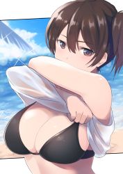 Rule 34 | 1girl, absurdres, beach, bikini, black bikini, blush, breasts, brown eyes, brown hair, cleavage, clothes lift, covered mouth, day, dyson (edaokunnsaikouya), glint, hair between eyes, highres, kaga (kancolle), kantai collection, large breasts, lifted by self, looking at viewer, outdoors, outside border, shirt, shirt lift, side ponytail, solo, swimsuit, undressing, upper body, white shirt