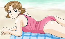 Rule 34 | 00s, 1girl, aqua eyes, arm support, ass, beach, beach towel, blanket, blue eyes, breasts, brown hair, casual one-piece swimsuit, cowboy shot, day, flipped hair, from side, gundam, gundam seed, light smile, looking at viewer, looking back, lying, miriallia haw, ocean, on stomach, one-piece swimsuit, outdoors, own hands together, parted bangs, pink one-piece swimsuit, plaid, poorly drawn, sand, short hair, small breasts, smile, solo, swimsuit, towel, water