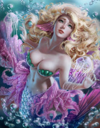 Rule 34 | 1girl, absurdres, air bubble, artist name, blonde hair, breasts, bubble, cleavage, collarbone, commentary, fins, green eyes, hands up, head fins, highres, jellyfish, long hair, looking at viewer, medium breasts, mermaid, monster girl, navel, original, parted lips, realistic, shell, shell bikini, solo, stomach, submerged, underwater, watermark, wavy hair, web address, yanaidraws