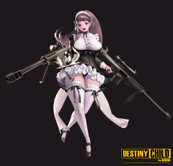 Rule 34 | 1girl, absurdres, black background, black panties, destiny child, diagonal bangs, eyelashes, frilled thighhighs, frills, full body, gun, highres, hildr (destiny child), holding, holding gun, holding weapon, hyulla, lips, long hair, looking at viewer, maid, maid headdress, nail polish, official art, open mouth, panties, rifle, shoes, simple background, sniper rifle, solo, standing, thick thighs, thighhighs, thighs, underwear, weapon, white thighhighs