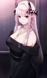Rule 34 | 1girl, absurdres, arknights, bare shoulders, black shirt, breasts, cleavage, commentary request, grey hair, highres, horns, jewelry, large breasts, leria v, long hair, looking at viewer, mudrock (arknights), necklace, off-shoulder shirt, off shoulder, parted lips, pointy ears, red eyes, shirt, solo, very long hair