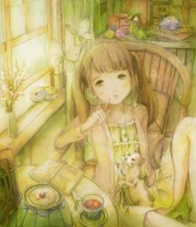 Rule 34 | 1girl, ashida (5232334), blush, book, brown hair, bug, butterfly, cat, cherry blossoms, collarbone, cup, curtains, desk, doll, dress, hand on own face, indoors, bug, lamp, long hair, looking up, mixed media, muted color, original, painting (medium), pouch, radio, saucer, sitting, solo, sunlight, tea, teacup, traditional media, twintails, watercolor (medium), window, yarn, yarn ball