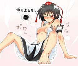 Rule 34 | 1girl, bare shoulders, barefoot, black hair, blush, breasts, breasts apart, burnt clothes, cleavage, feet, female focus, hat, keta (psychetangle), leaning back, navel, no bra, open clothes, open shirt, red eyes, shameimaru aya, shirt, short hair, sitting, solo, spread legs, tokin hat, touhou, wince