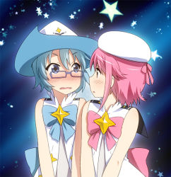 Rule 34 | 2girls, aoi (houkago no pleiades), blue eyes, blue hair, blush, bow, brown eyes, embarrassed, glasses, hat, houkago no pleiades, looking at another, magical girl, multiple girls, open mouth, pink bow, pink hair, ribbon, sailor hat, short hair, star (sky), star (symbol), starry background, subaru (houkago no pleiades), umekichi