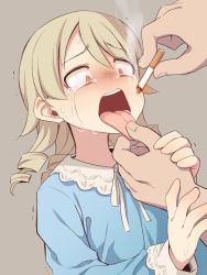 Rule 34 | 1boy, 1girl, bad id, bad pixiv id, blonde hair, cigarette, constricted pupils, crying, crying with eyes open, drill hair, idolmaster, idolmaster cinderella girls, morikubo nono, open mouth, ryona, scared, simple background, smoke, tears, tongue, tongue grab, uccow, wavy eyes, yellow eyes
