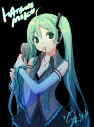 Rule 34 | 1girl, adjusting hair, ahoge, aqua nails, bad id, bad pixiv id, breasts, cleavage, cuteg, detached sleeves, frills, green eyes, green hair, hatsune miku, jewelry, long hair, matching hair/eyes, nail polish, necklace, necktie, signature, simple background, skirt, solo, vocaloid