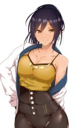 Rule 34 | 1girl, bare shoulders, black hair, black pants, blush, breasts, buttons, camisole, cleavage, closed mouth, collarbone, earrings, hair between eyes, highres, idolmaster, idolmaster shiny colors, jacket, jewelry, large breasts, long hair, looking at viewer, necklace, off shoulder, open clothes, open jacket, pants, ponytail, shirase sakuya, simple background, smile, solo, tokiwa midori (kyokutou funamushi), white background, white jacket, yellow camisole, yellow eyes