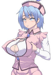 Rule 34 | 1girl, after paizuri, bad id, bad pixiv id, blue eyes, blue hair, breast hold, breasts, buggycart, censored, cleavage cutout, closed mouth, clothing cutout, commentary, covered erect nipples, cum, cum on body, cum on breasts, cum on upper body, english commentary, frilled hat, frills, hat, heart, heart-shaped pupils, large breasts, merlin prismriver, mosaic censoring, penis, pink hat, pink shirt, pink skirt, pink vest, shirt, short hair, simple background, skirt, smile, solo, sweatdrop, symbol-shaped pupils, touhou, upper body, vest, white background, white shirt