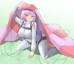 Rule 34 | arnest, blue bow, bow, breasts, hair bow, harness, jumpsuit, kneeling, large breasts, long hair, parachute, patchouli knowledge, purple eyes, purple hair, red bow, touhou, very long hair