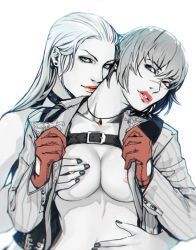 Rule 34 | 2girls, black hair, blonde hair, blue eyes, grabbing another&#039;s breast, breasts, capcom, devil may cry (series), devil may cry 4, grabbing, heterochromia, hug, hug from behind, lady (devil may cry), multiple girls, naughty face, no bra, trish (devil may cry), yuri
