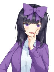 Rule 34 | 1girl, black hair, blush, bow, collared shirt, commentary request, cookie (touhou), finger to cheek, hair bow, highres, ikikiksgiksg, jacket, long hair, long sleeves, looking at viewer, open mouth, purple bow, purple eyes, purple jacket, shirt, shunga youkyu, simple background, smile, solo, star sapphire, touhou, upper body, white background, white shirt