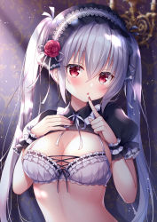 Rule 34 | 1girl, blush, bra, breasts, chestnut mouth, cleavage, finger to mouth, flower, frills, hair between eyes, hair flower, hair ornament, hair ribbon, hands up, headdress, index finger raised, large breasts, long hair, looking at viewer, mitsuba choco, nail polish, neck ribbon, original, parted lips, puffy short sleeves, puffy sleeves, red eyes, red flower, red nails, ribbon, rose, short sleeves, shrug (clothing), sidelocks, silver hair, solo, twintails, underwear, upper body, white bra, white ribbon, wing collar, wrist cuffs