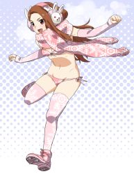 Rule 34 | &gt;:d, 1girl, :d, ankle boots, bad id, bad pixiv id, bikini, boots, brown eyes, brown hair, detached sleeves, earmuffs, foreshortening, hair ornament, halftone, halftone background, hisakawa riho, idolmaster, idolmaster (classic), long hair, minase iori, navel, open mouth, outstretched arms, pink bikini, pink footwear, pink thighhighs, rabbit earmuffs, rabbit hair ornament, running, scarf, side-tie bikini bottom, smile, snowflake print, solo, spread arms, swimsuit, thighhighs, v-shaped eyebrows