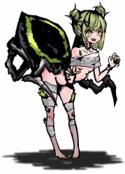 Rule 34 | 1girl, anaertailin, animated, animated gif, barefoot, breasts, claws, completely nude, darkest dungeon, double bun, fang, full body, green eyes, green hair, hair bun, horns, insect girl, monster girl, nipples, no bra, no panties, nude, open mouth, pointy ears, shadow, silk, small breasts, solo, spider girl, spider web, standing, white background