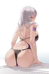 Rule 34 | 1girl, absurdres, arched back, ass, back, bad id, bad twitter id, bare arms, bare shoulders, black one-piece swimsuit, breasts, butt crack, choyeon, from behind, half-closed eyes, highres, large breasts, long hair, looking at viewer, looking back, one-piece swimsuit, original, parted lips, profile, purple eyes, shoulder tattoo, sitting, skindentation, solo, swimsuit, tattoo, wet, white hair