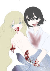 Rule 34 | 2girls, amputee, bad id, bad pixiv id, black eyes, black hair, blonde hair, blood, blood on clothes, blood on face, blue eyes, breasts, cannibalism, commentary request, disembowelment, ero guro, freckles, guro, highres, intestines, long hair, mermaid, monster girl, multiple girls, nipples, nude, original, ryona, shirt, short hair, simple background, small breasts, white background, yuri