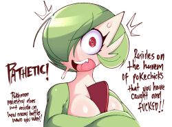Rule 34 | 1girl, angry, breasts, cleavage, creatures (company), crossed arms, english text, eyelashes, fang, female focus, game freak, gardevoir, gen 3 pokemon, green hair, highres, large breasts, looking at viewer, motion lines, nintendo, no humans, open mouth, pokemon, saltyxodium, shiny skin, solo, sweat, teeth, upper body, upper teeth only, white background