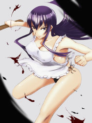 Rule 34 | 1girl, apron, armpits, black panties, blood, blue eyes, blurry, bokken, breasts, busujima saeko, cleavage, covered erect nipples, depth of field, fighting stance, frills, highschool of the dead, large breasts, leg lift, long hair, looking at viewer, naked apron, naughty face, panties, purple hair, shirt, side-tie panties, sideboob, simple background, smile, solo, standing, standing on one leg, supisupi, sword, taut clothes, taut shirt, thighs, underwear, weapon, wooden sword