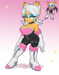 Rule 34 | 1girl, artist request, blue eyes, boots, breasts, dark-skinned female, dark skin, detached sleeves, earrings, full body, gradient background, heels, highres, humanization, jewelry, large breasts, looking to the side, makeup, pink background, rouge the bat, smile, sonic (series), white hair, zipper